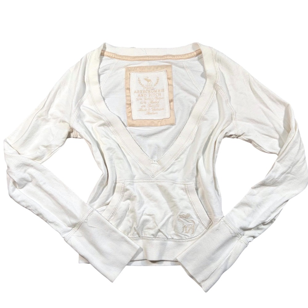 RARE Y2K Abercrombie & Fitch Women Cream Long Sleeve Kangaroo Pocket‎